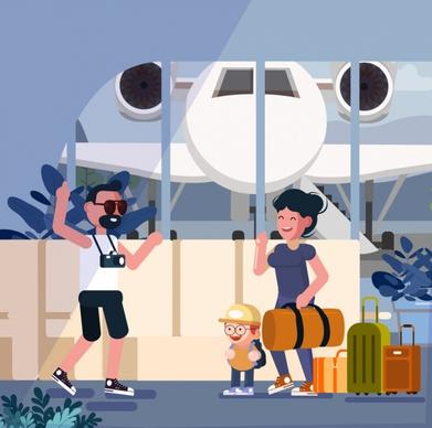 lifestyle background family trip airplane luggage icons