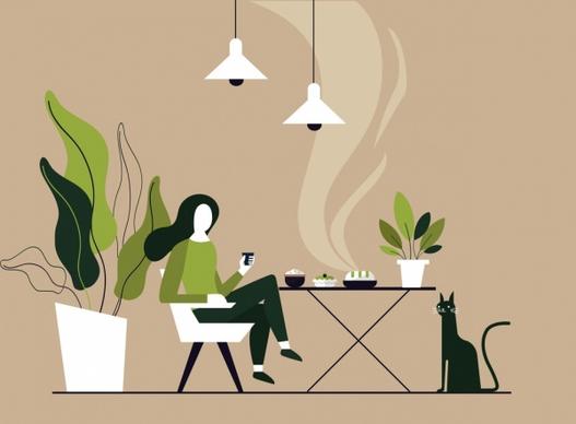 lifestyle background relaxed woman meal icons cartoon sketch