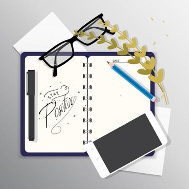 lifestyle banner notebook glasses pencil smartphone icons decor