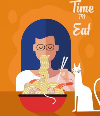 lifestyle banner woman eating noodle icon classical design
