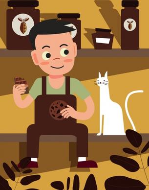lifestyle drawing boy pet chocolate food icons
