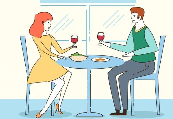 lifestyle drawing cheering couple dinner table handdrawn design