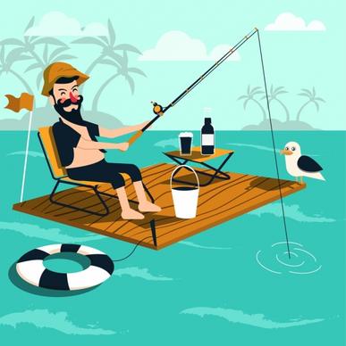 lifestyle drawing fishing man wooden float sea icons