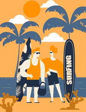 lifestyle drawing people surfboard beach icons orange design