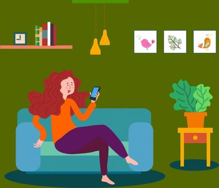 lifestyle drawing relaxing woman smartphone icons colored cartoon