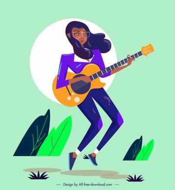 lifestyle icon girl playing guitar sketch cartoon character