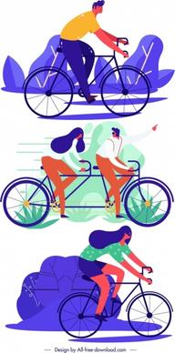 lifestyle icons people riding bicycle cartoon sketch