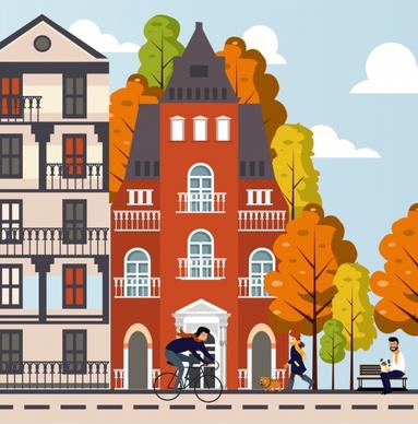 lifestyle painting buildings people activities icons cartoon design
