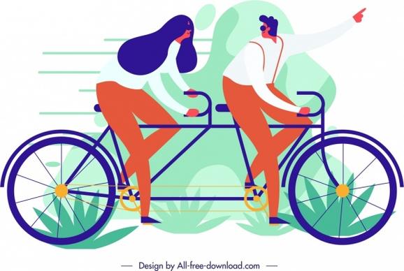 lifestyle painting couple bicycle icon cartoon sketch