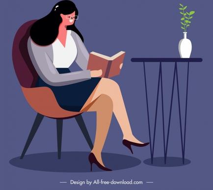lifestyle painting girl reading book icon cartoon design