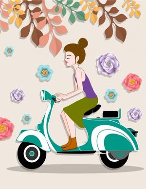 lifestyle painting girl scooter icons paper cut decor