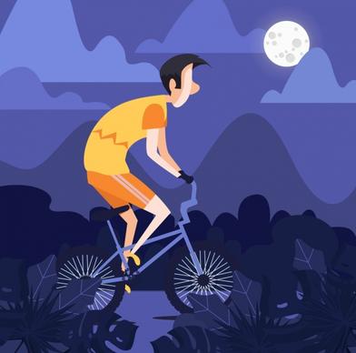 lifestyle painting man riding bicycle moonlight icons decor
