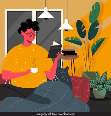 lifestyle painting reading activity home relaxation cartoon design