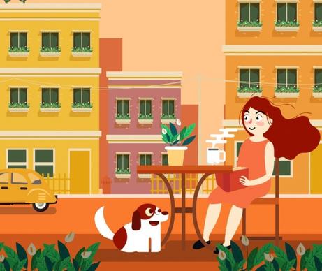 lifestyle painting relaxing woman coffee building facade icons