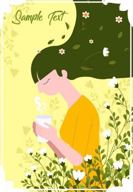 lifestyle painting woman drinking tea flowers icons
