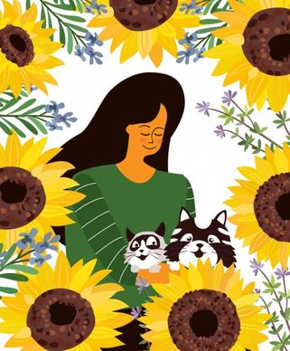 lifestyle painting woman pets sunflowers icons cartoon design