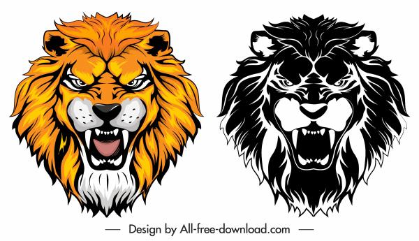 lion head icons colored black white sketch