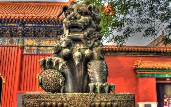 lion statue at lama temple in beijing china