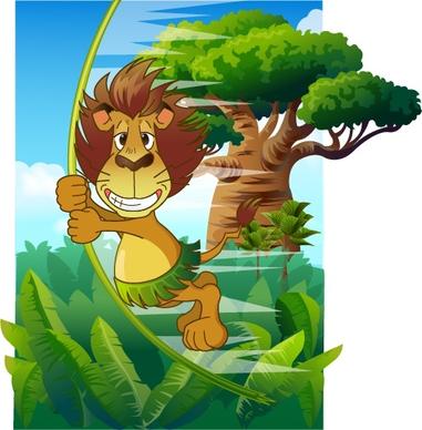 jungle painting funny stylized lion colored cartoon design