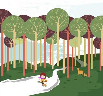 little girl in forest background colored cartoon drawing