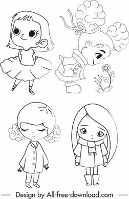 little girls icons cute cartoon character handdrawn sketch