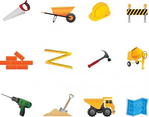 construction work design elements colorful tools equipment icons
