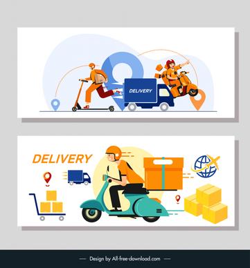 logistics delivery banners templates flat cartoon dynamic shipping elements 