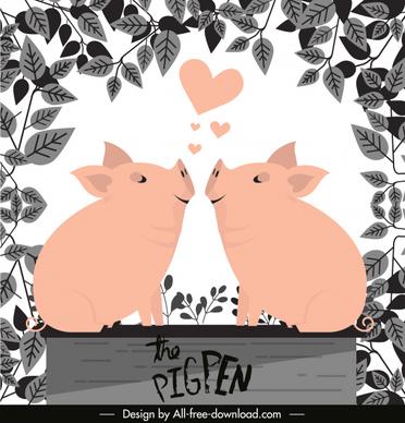 love background cute piggy sketch leaves decor
