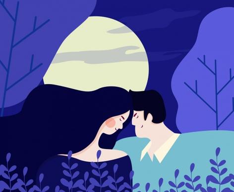 love painting romance couple moonlight icons violet design