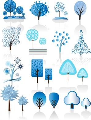 trees icons blue flat shapes sketch