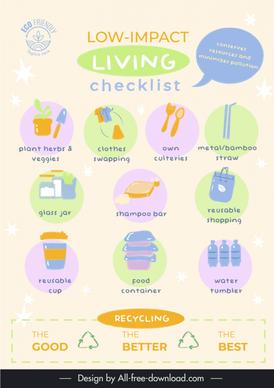 low impact living tips infographic template flat classical objects