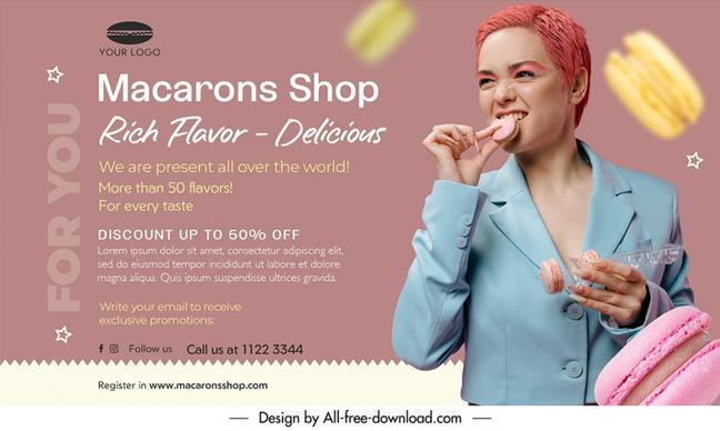 macarons shop banner discount template dynamic realistic woman 