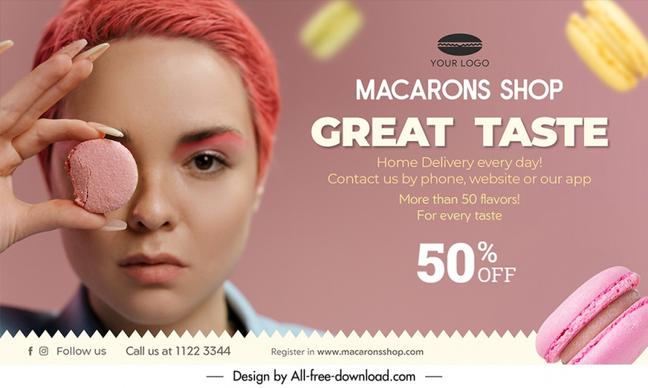macarons shop banner template woman face closeup 
