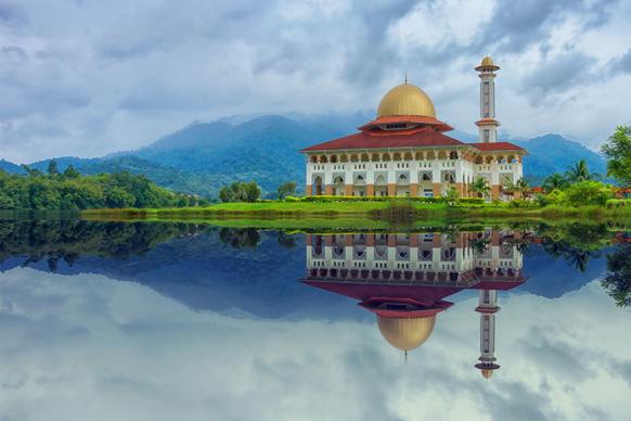 malaysia scenery picture palace lake reflection 