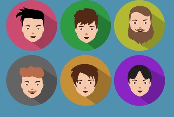 male portrait icons various colored hairstyle design