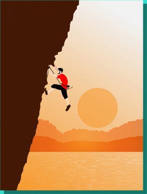 man climbing cliff theme colored cartoon style design