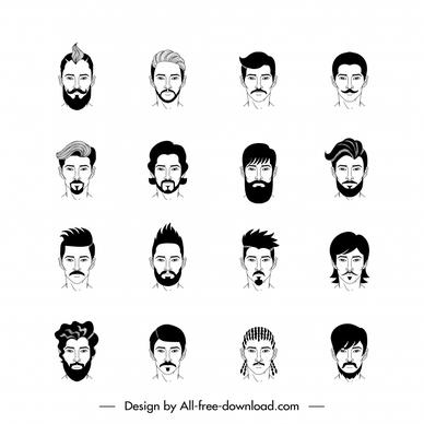 man hairstyle icon sets flat black white handdrawn faces sketch