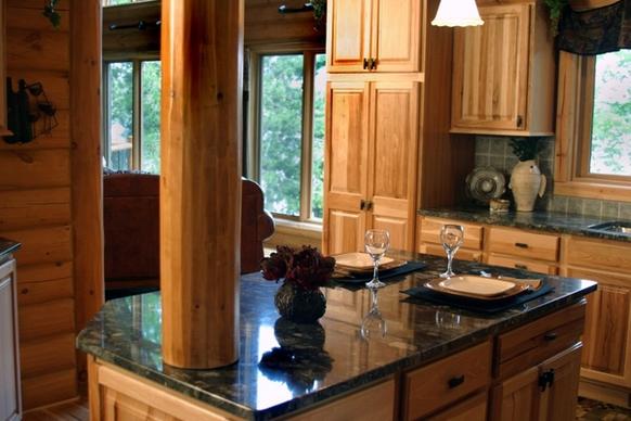 marble countertop log home kitchen