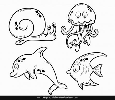 marine animals icons snail fish dolphin octopus sketch