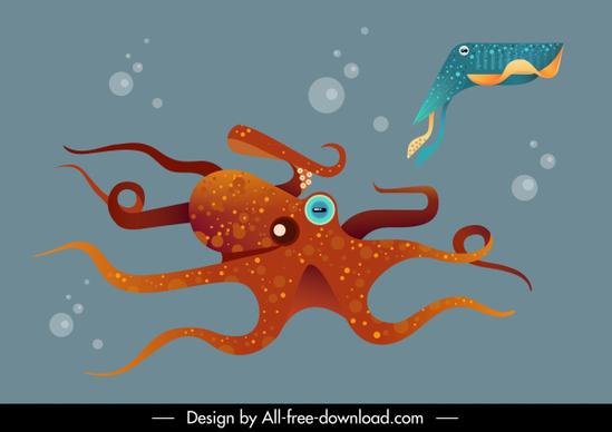 marine background swimming octopus fish sketch