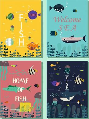 marine book cover templates fish icons colored cartoon