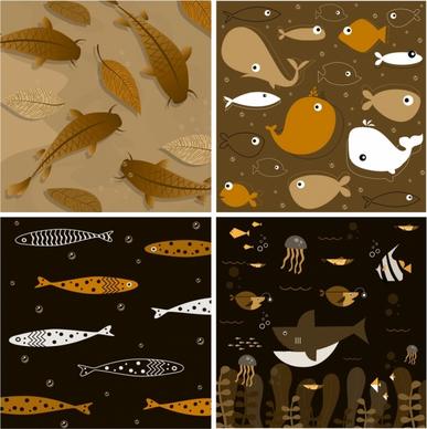marine creatures background sets dark black brown design