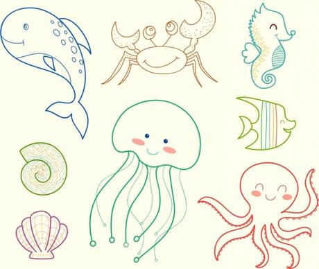 marine creatures icons handdrawn outline