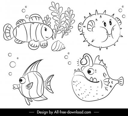 marine elements fishes species sketch handdrawn design