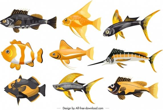 marine fishes icons colorful shapes sketch