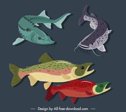 marine fishes species icons colored handdrawn design