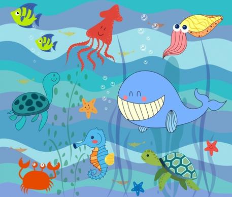 marine life drawing ocean creature icons stylized design