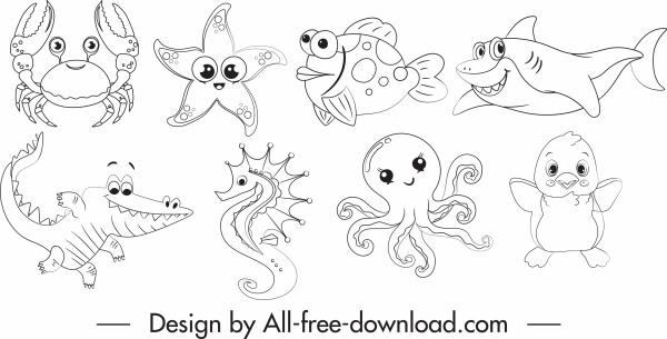 marine species icons cartoon sketch black white handdrawn
