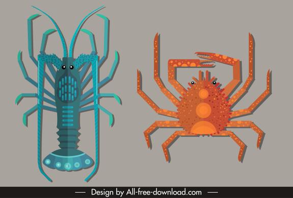 marine species icons lobster crab sketch colored flat