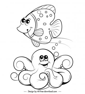 marine species icons stylized cartoon character handdrawn sketch